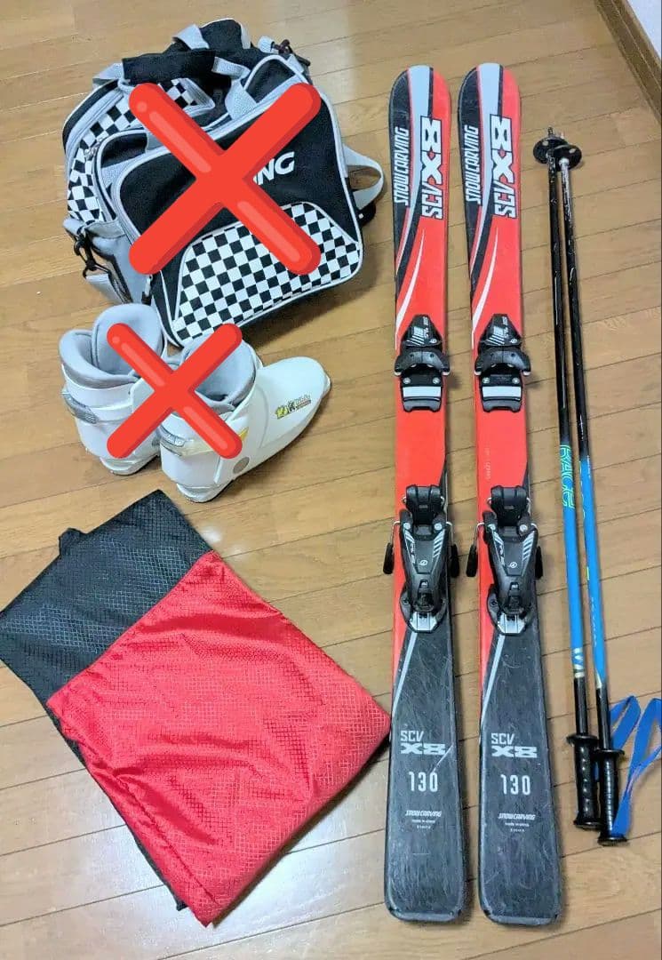 スキー4点セット　スキー、ビンディング、ストック、スキーケース、