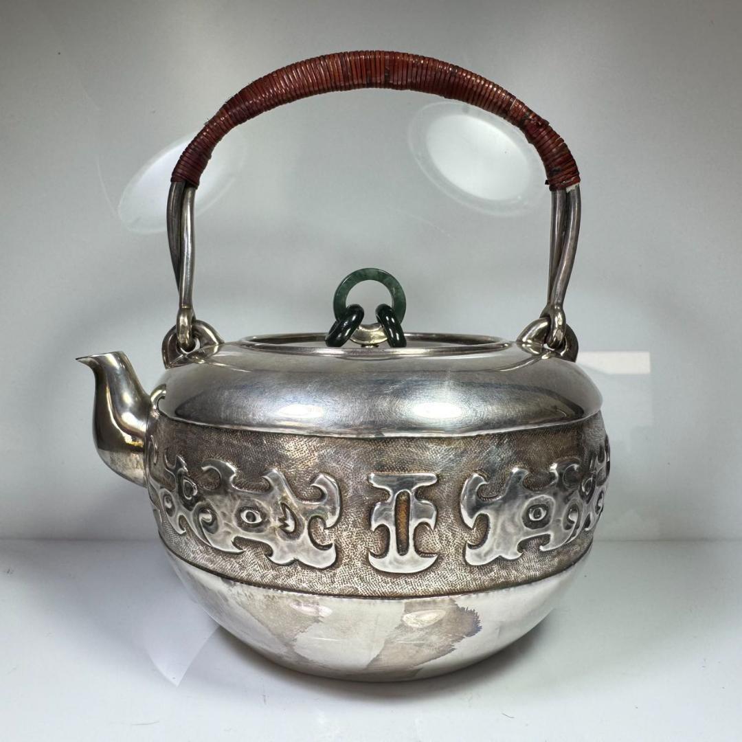 純銀製 蔵六 湯沸 貴石摘 銀瓶 箱付 古美術品 純銀保証 湯沸 やかん