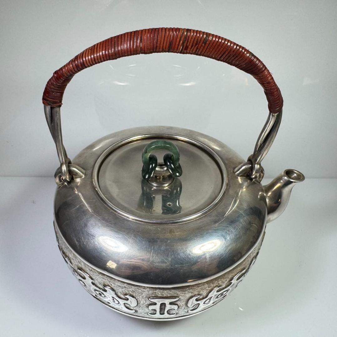 純銀製 蔵六 湯沸 貴石摘 銀瓶 箱付 古美術品 純銀保証 湯沸 やかん