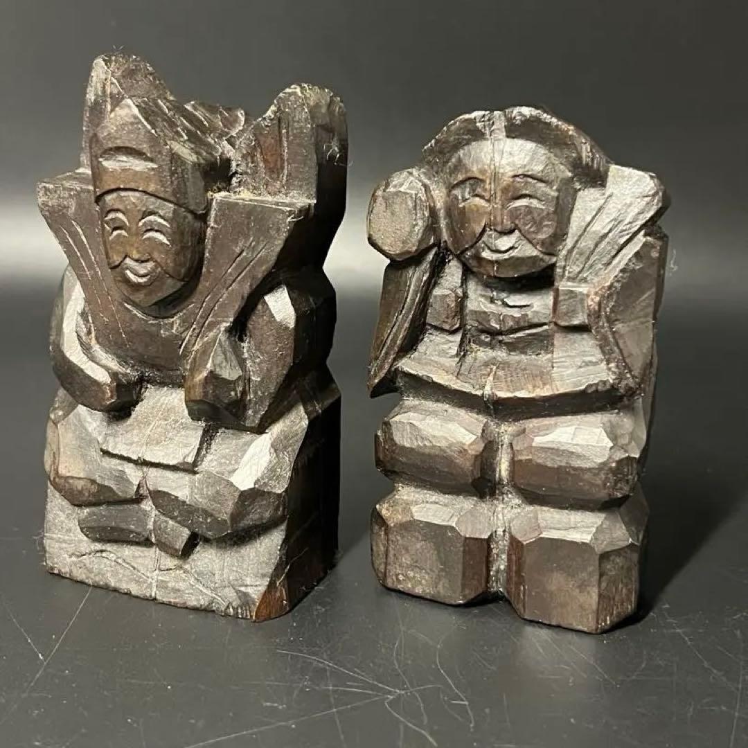 時代物 木彫 恵比寿大黒 一対｜縁起物 商売繁盛 福神 置物◎古道具庵々
