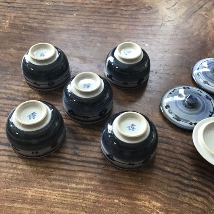 熊野古青　染付福の神　湯呑五客　九谷焼