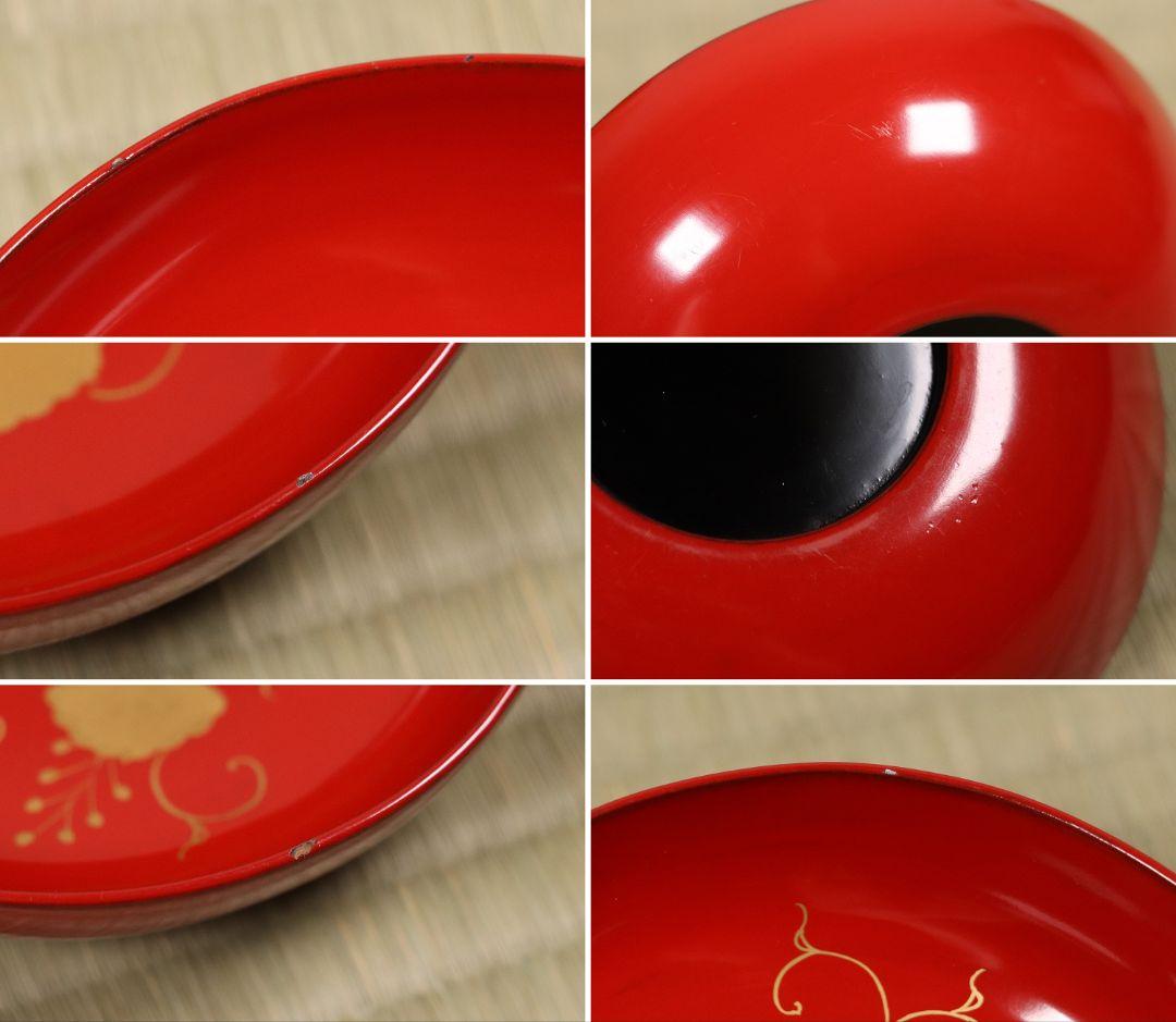 木製漆器 桐唐草蒔絵 朱塗銘々木皿 十九客 11.8cm 木箱 金蒔絵 MA12