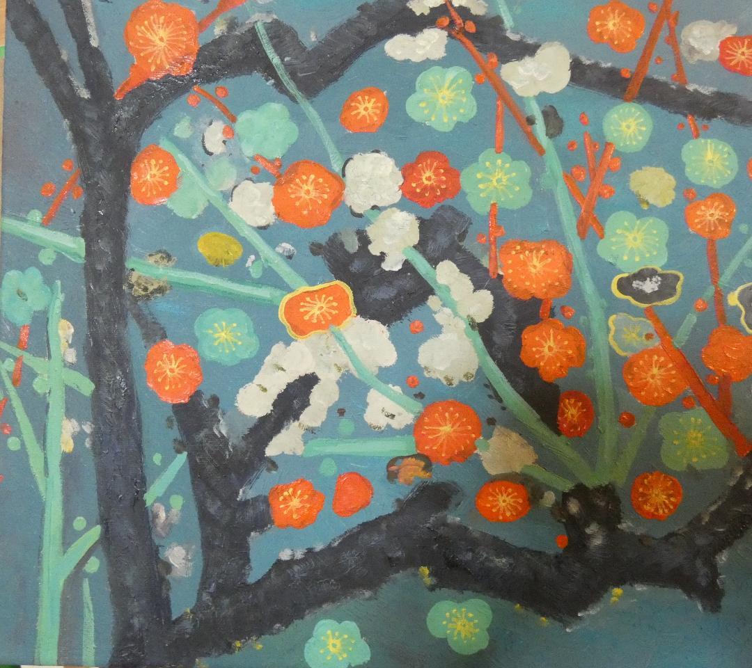 油絵　　片岡球子　 F6 【　梅花　】手描き　額付き