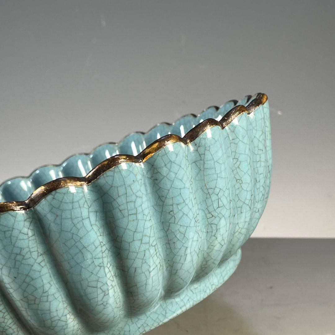 汝磁器蒔金刻字包金口花口洗 文房具景徳鎮 陶磁器 装飾品 現代工芸品美術品 置物