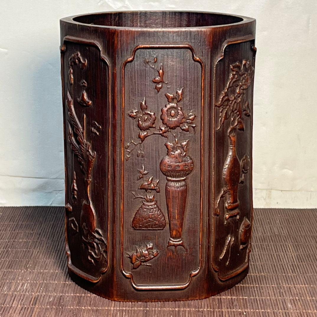 彫刻六角竹筆筒 文房四宝 古文房具 書道具 文房具 現代工芸品 美術品 置物