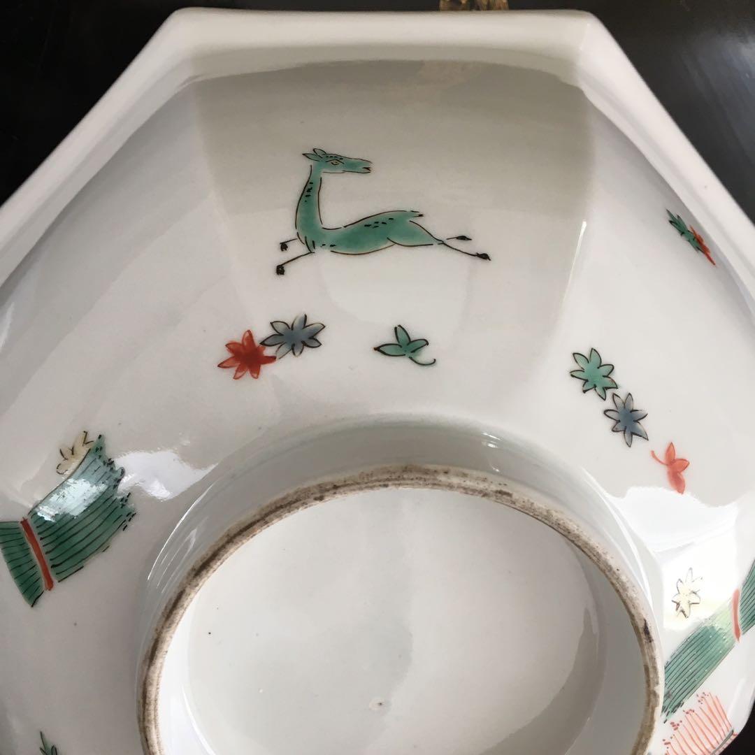 アンティーク　色絵柿右衛門　宝尽　瑞鳥　鹿　紅葉　八角鉢