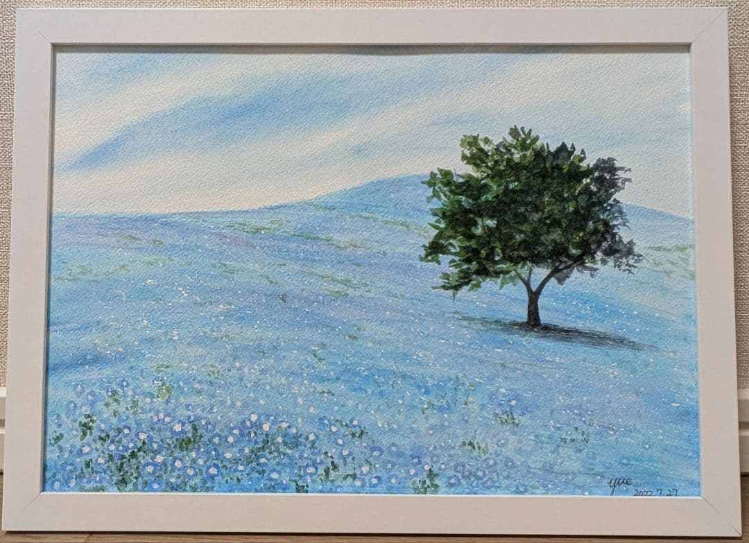 癒しの水彩画　ネモフィラの丘