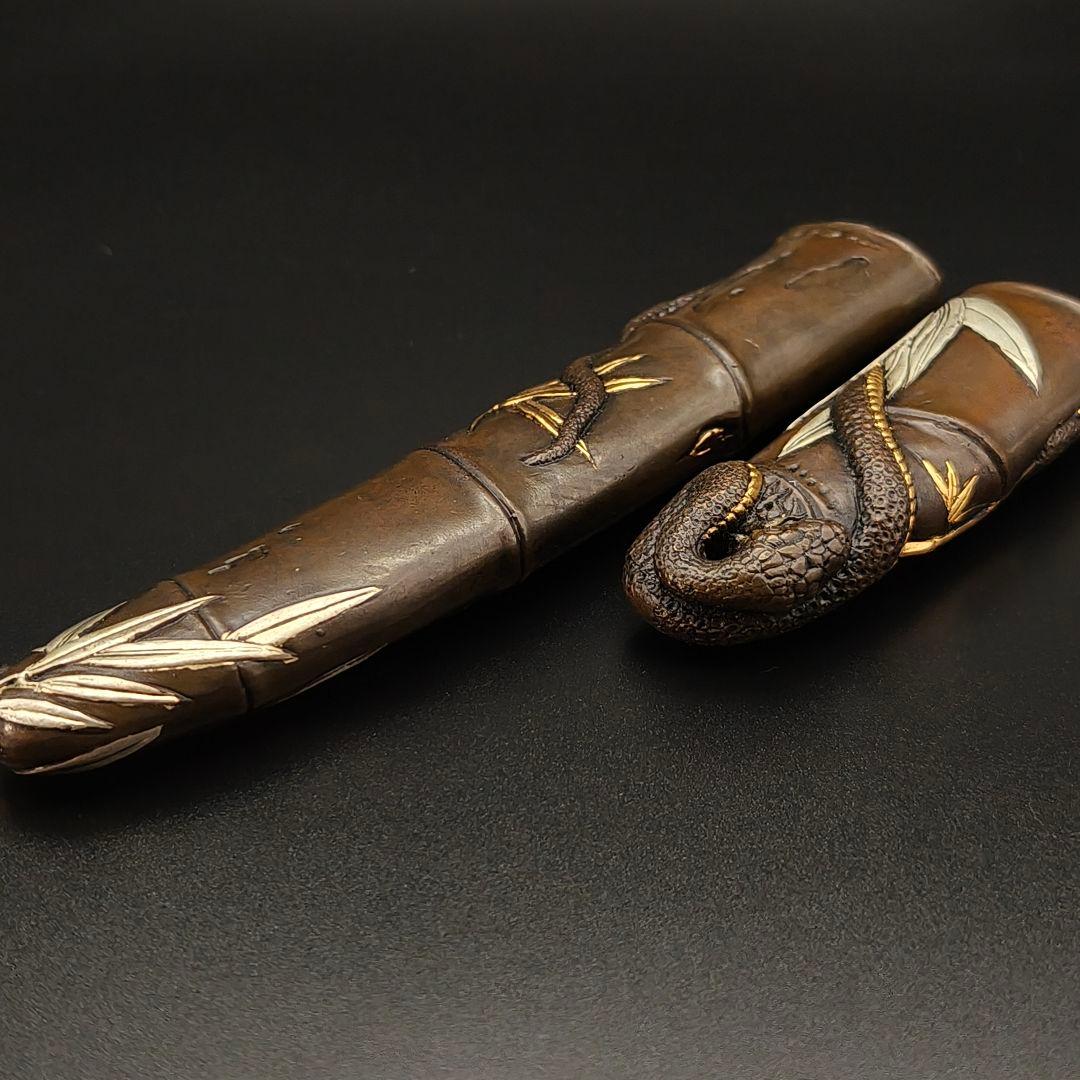 銅製刀装具　短刀拵　柄鞘一式　大蛇の図　絵金銀　金工品　細工　刀装具　刀剣美術