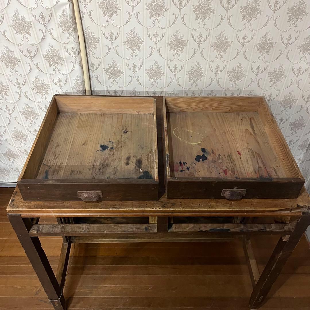 【アンティーク】木製 学習机 勉強机 デスク 2杯 小引出し 昭和レトロ 古家具