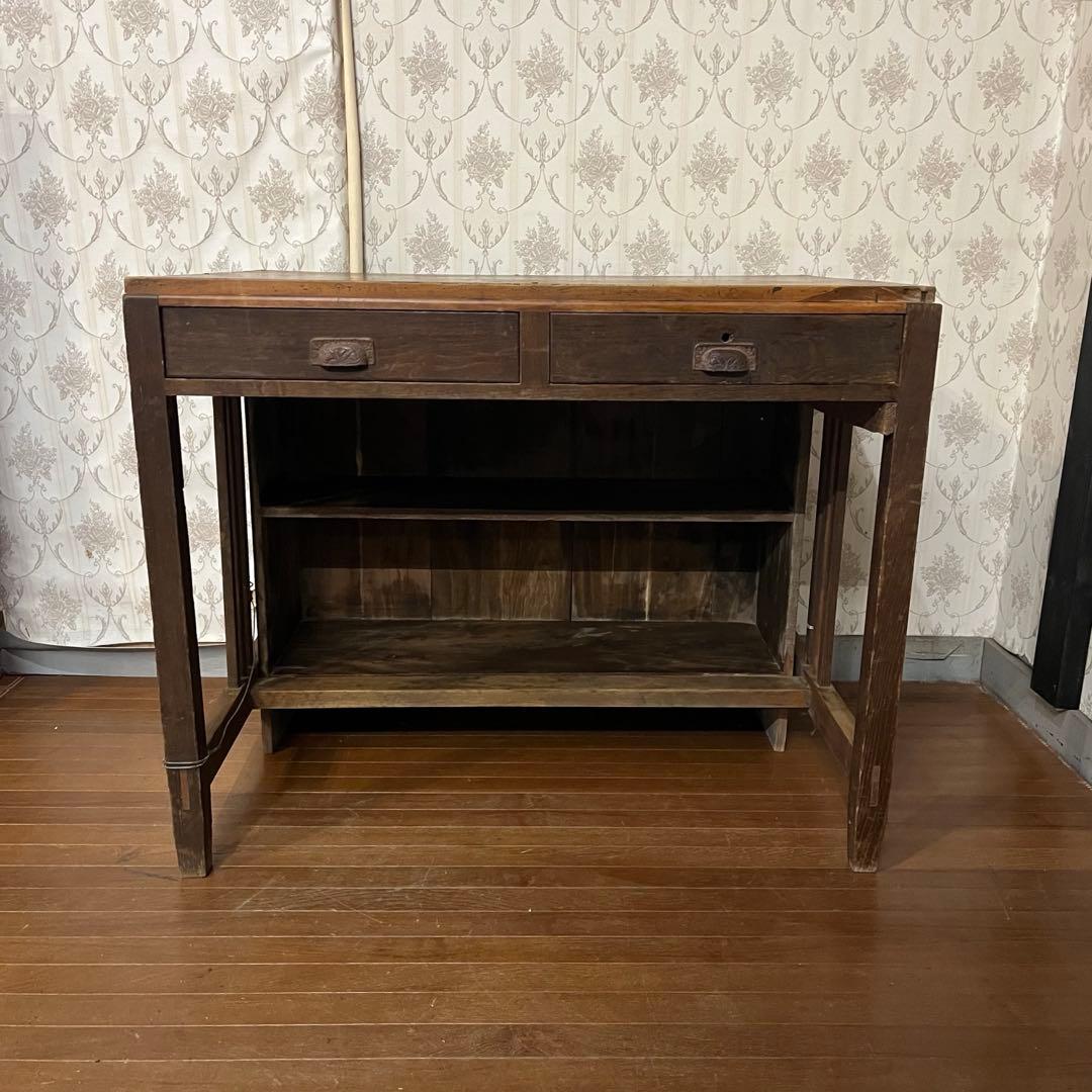 【アンティーク】木製 学習机 勉強机 デスク 2杯 小引出し 昭和レトロ 古家具