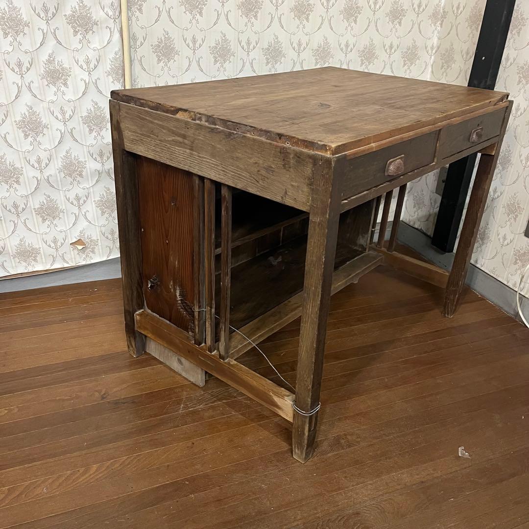 【アンティーク】木製 学習机 勉強机 デスク 2杯 小引出し 昭和レトロ 古家具