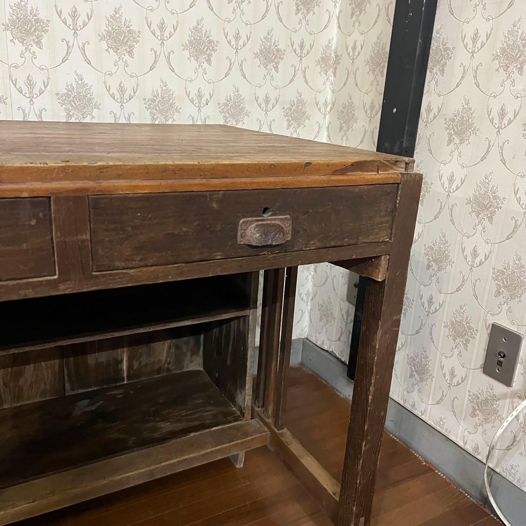 【アンティーク】木製 学習机 勉強机 デスク 2杯 小引出し 昭和レトロ 古家具