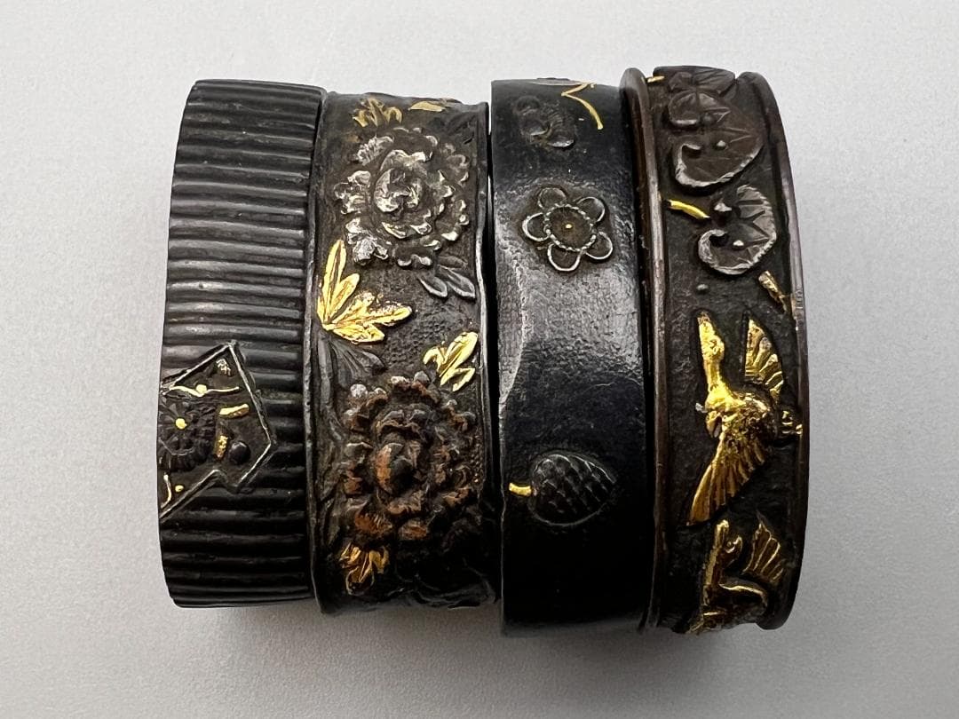 【海】江戸明治期　日本刀装具　花図　梅　松　金象嵌　縁頭　４点　骨董品　美術品