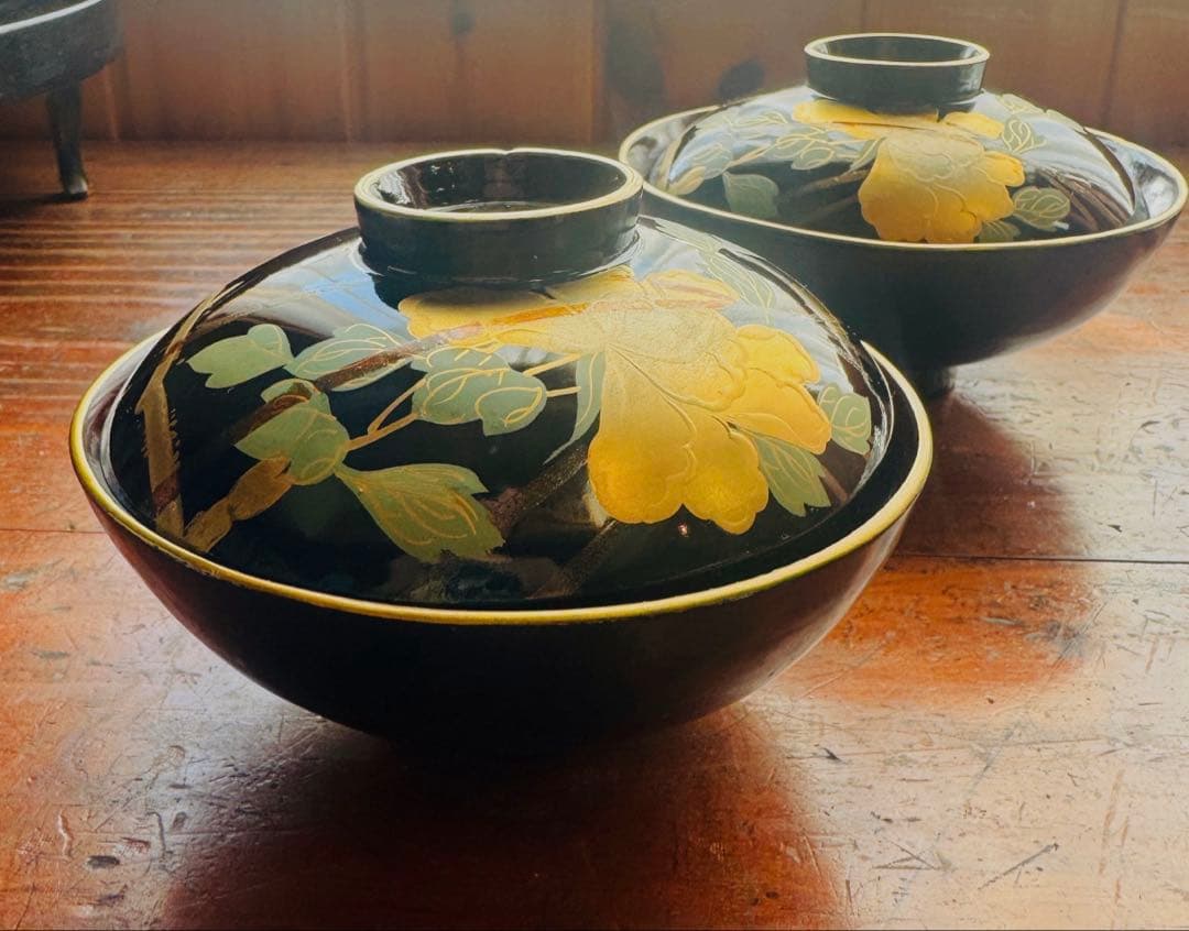 黒漆金彩花文溜塗吸物椀　お吸い物　　黒漆椀　木製椀3客セット　祝膳に　溜め塗り