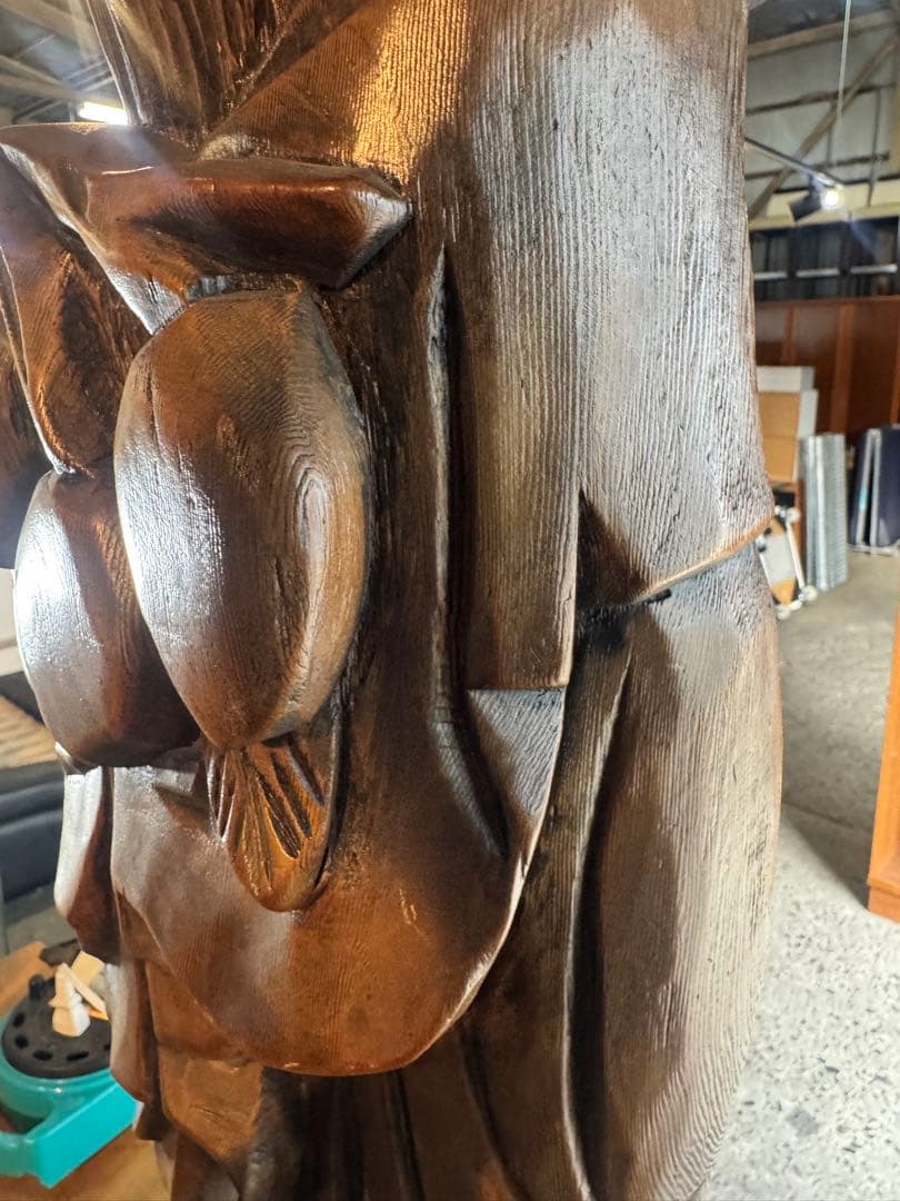 特大 木彫 寿老人 七福神 無垢材 一刀彫 置物 90cm