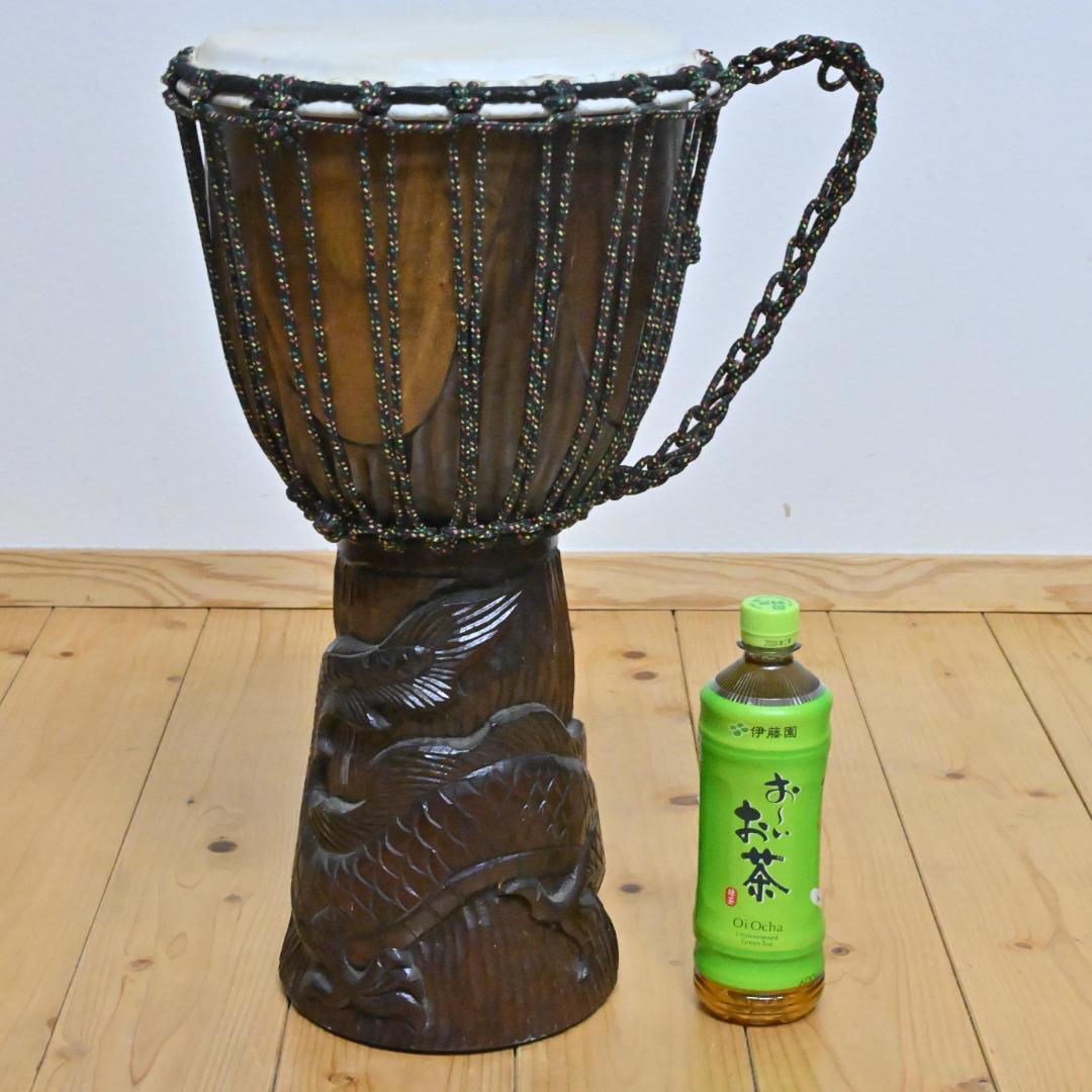 【新品同様】50cm大型サイズ「ジャンベ」龍の彫刻 バリ製・アフリカ太鼓(美品)