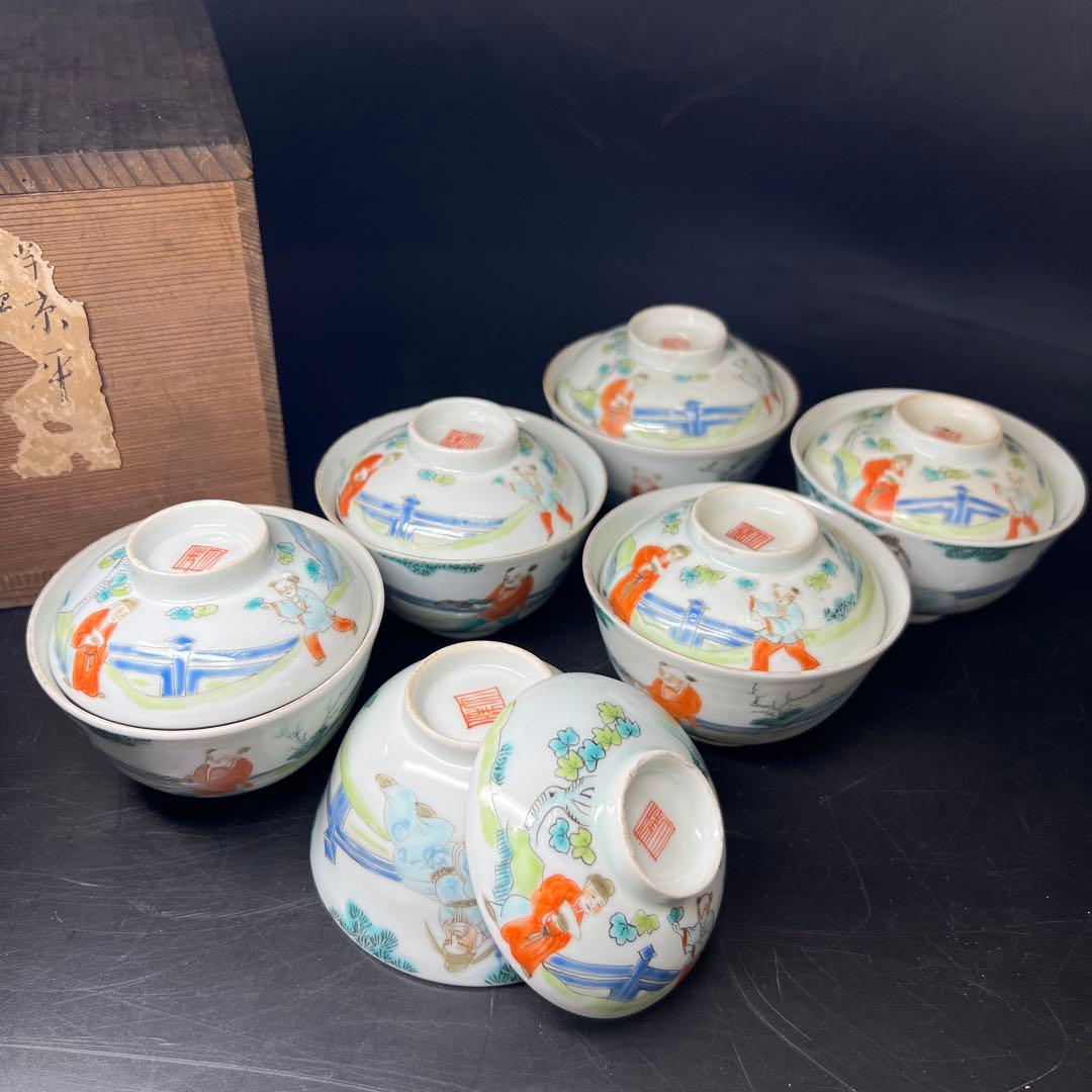 中国清時代　粉彩人物画蓋茶碗6客　木箱付　東Y8-0206☆2Fトコサ