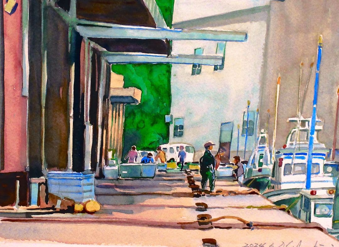 港の風景 水彩画 額装済み