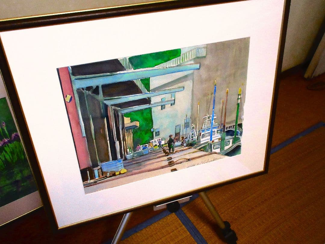 港の風景 水彩画 額装済み