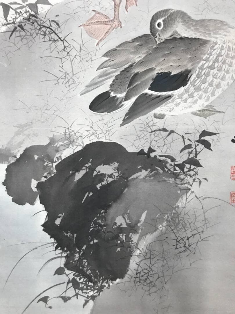 【真作】桂田湖城/月岩鴛鴦図/オシドリ図/花鳥図/掛軸/名家伝来/AC-612