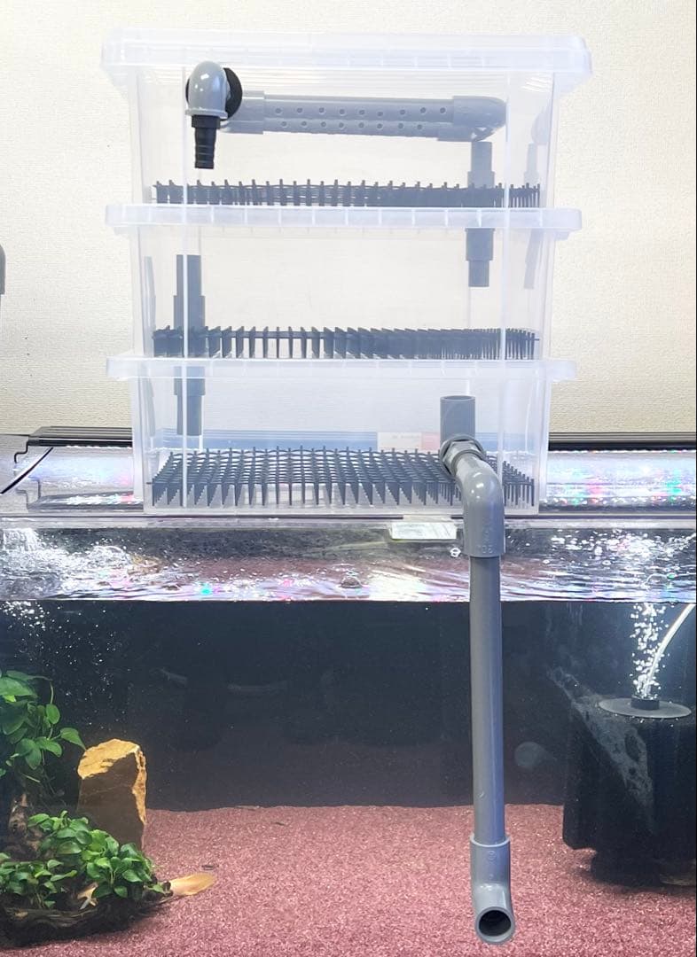 自作 濾過装置 3段ボックス クリア 濾過層 濾過器 金魚 メダカ 1,500L
