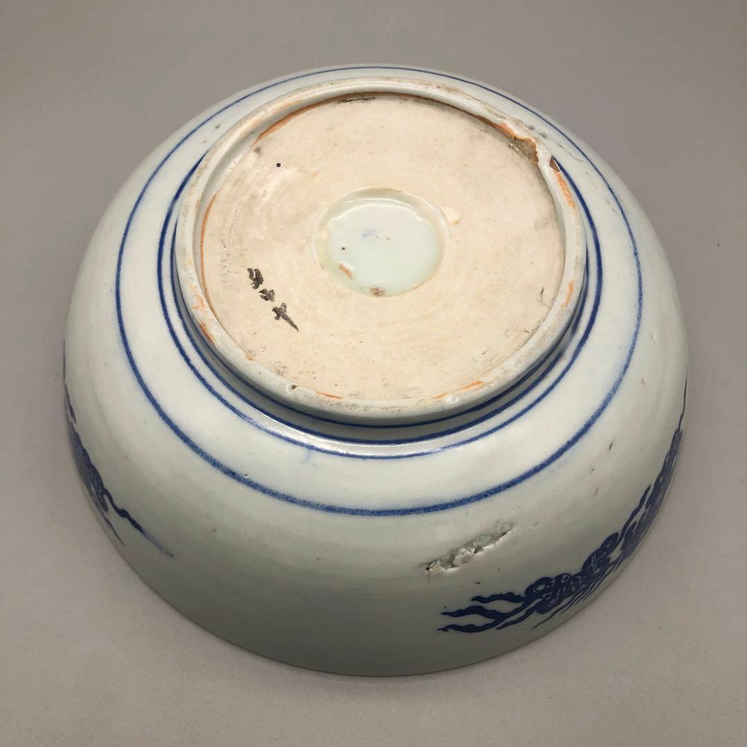 明治時代古伊万里鹿獅子図柄ベロ藍印判手鉢ボウル24cm伊万里焼骨董品