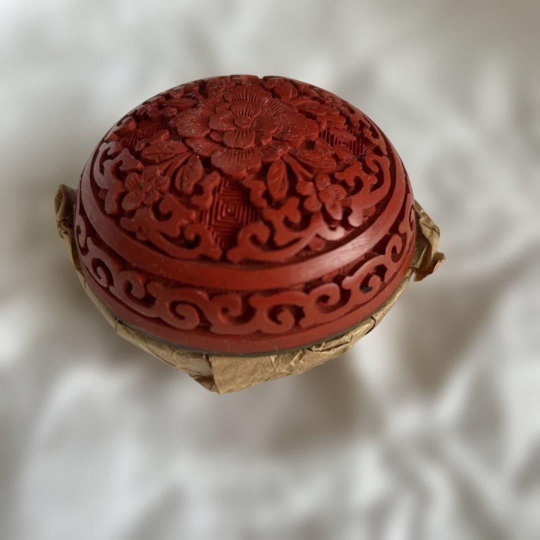 中国骨董旧蔵【民国時代銅胎彫漆堆朱内七宝香合】高級厚重希少珍貴細工精密彫刻牡丹図