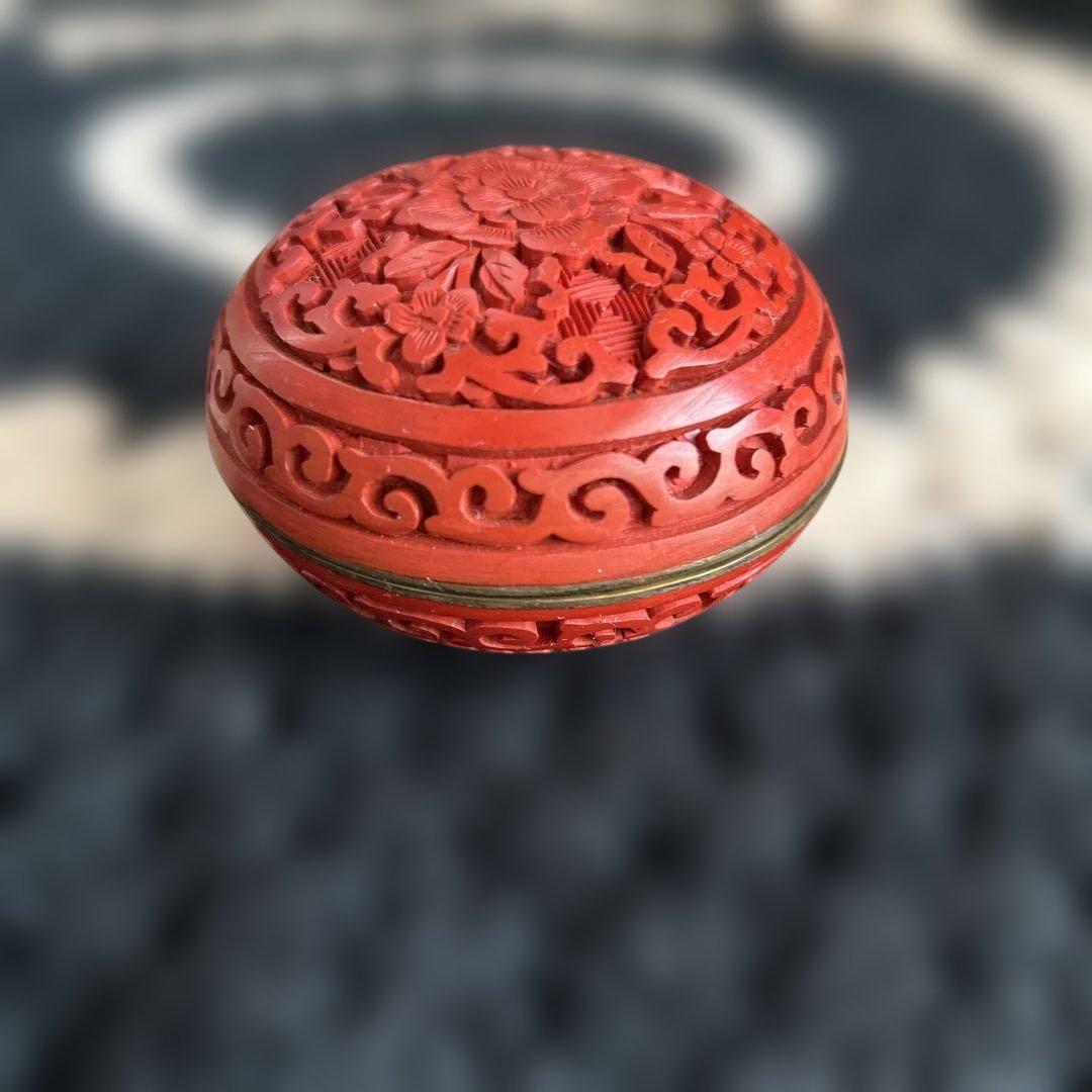中国骨董旧蔵【民国時代銅胎彫漆堆朱内七宝香合】高級厚重希少珍貴細工精密彫刻牡丹図