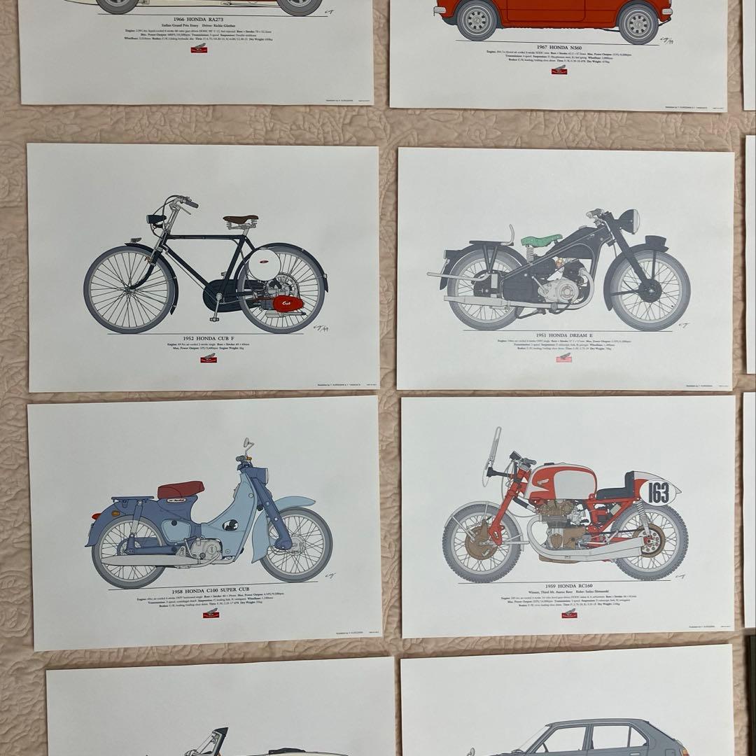 ホンダ　バイクと車のイラストレーション18枚と額