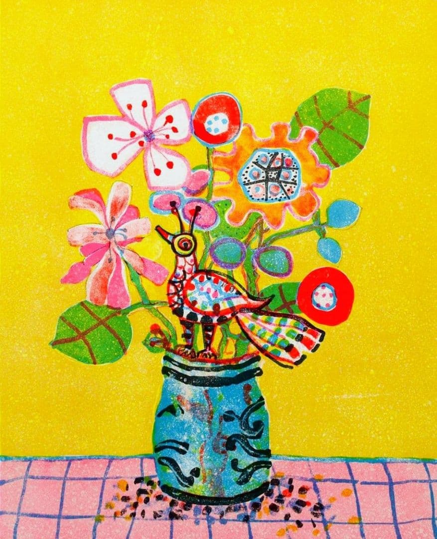 【真作保】アイズピリ 「ピンクのテーブルの花束と鳥」リトグラフ 10号大 直筆S