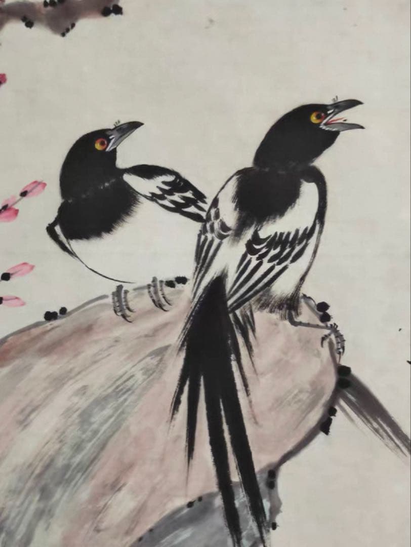 【中堂掛軸】王雪濤《報喜図》梅花と喜鵲／縁起の良い吉祥画　宣紙 手工表装