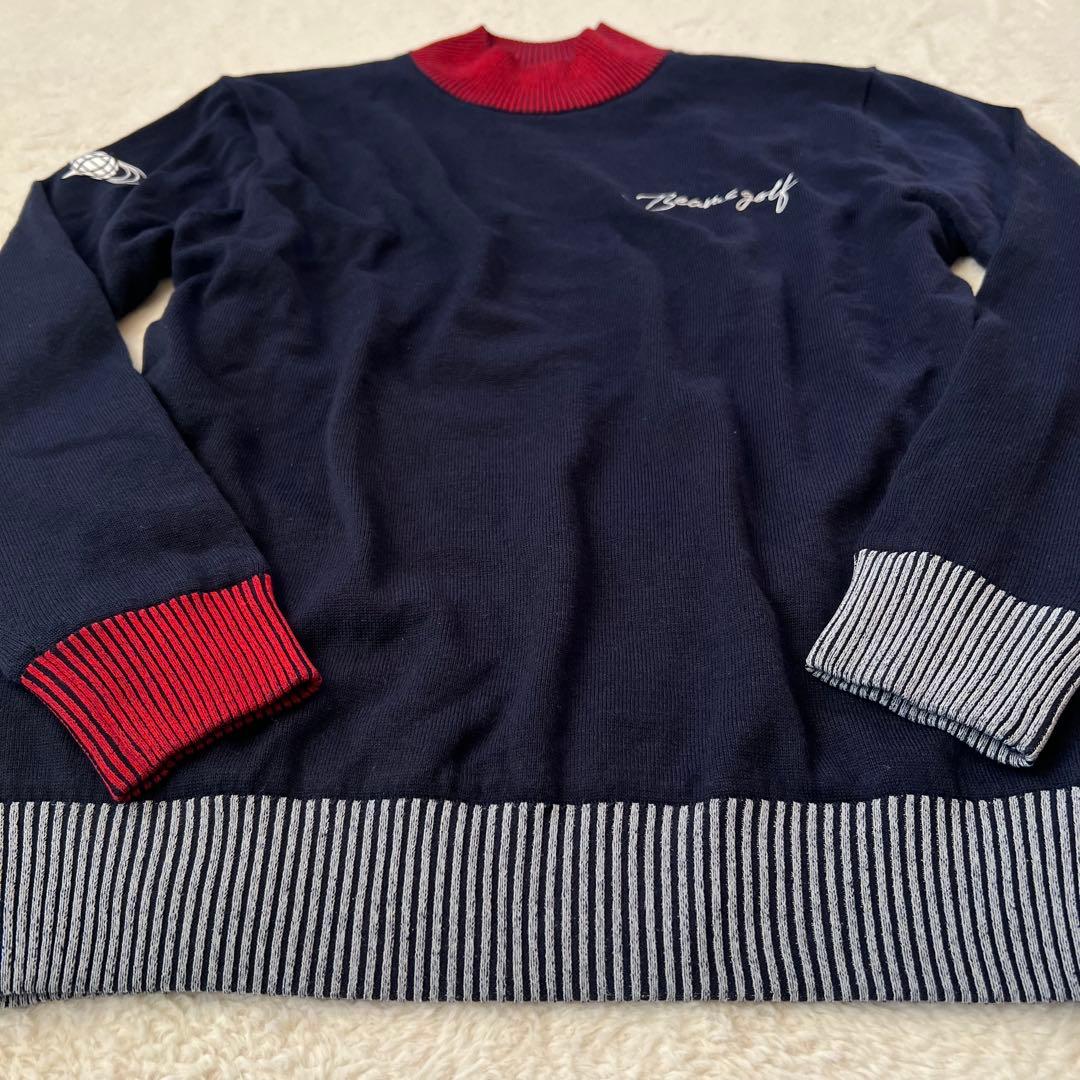 【防風/裏地付】BEAMS GOLF パネル モックネック ニット ネイビー M