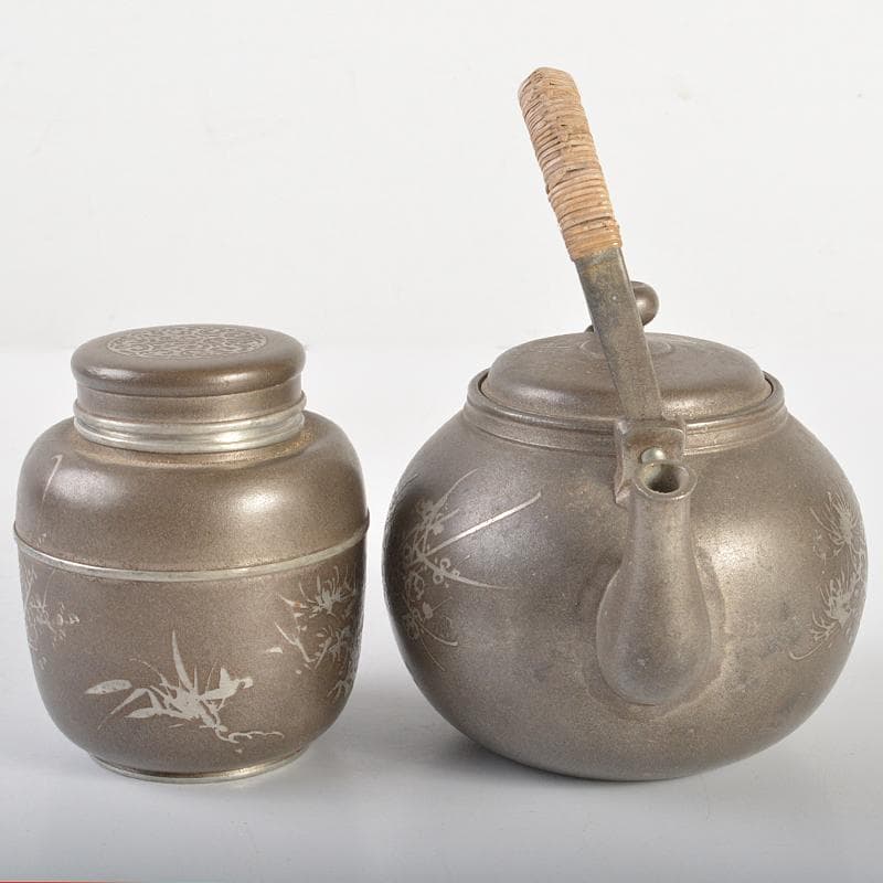 古錫　四君子文　継山造　急須　三越製　茶心壷　茶壷　合計約848g　MR6846