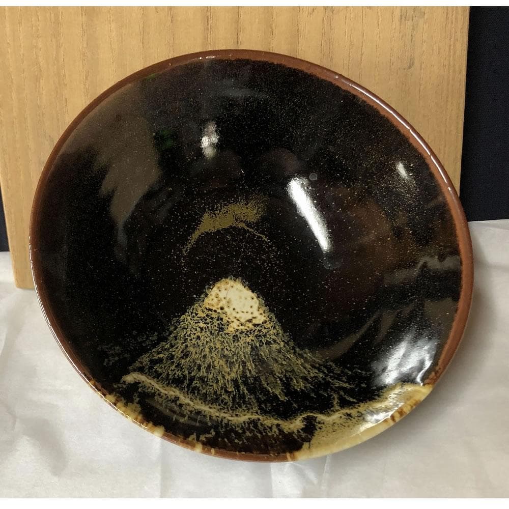 e2930 逆富士絵 平茶碗 在銘 合わせ箱 富士山 抹茶碗 茶道具