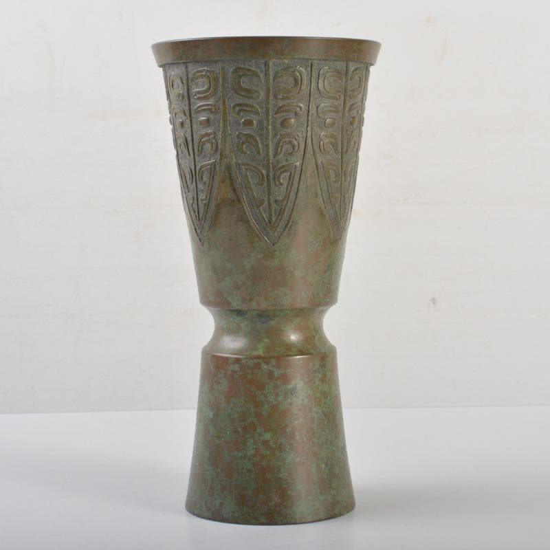 松華堂　古銅青銅　杵型　饕餮文花瓶　花器　共箱　N　6389