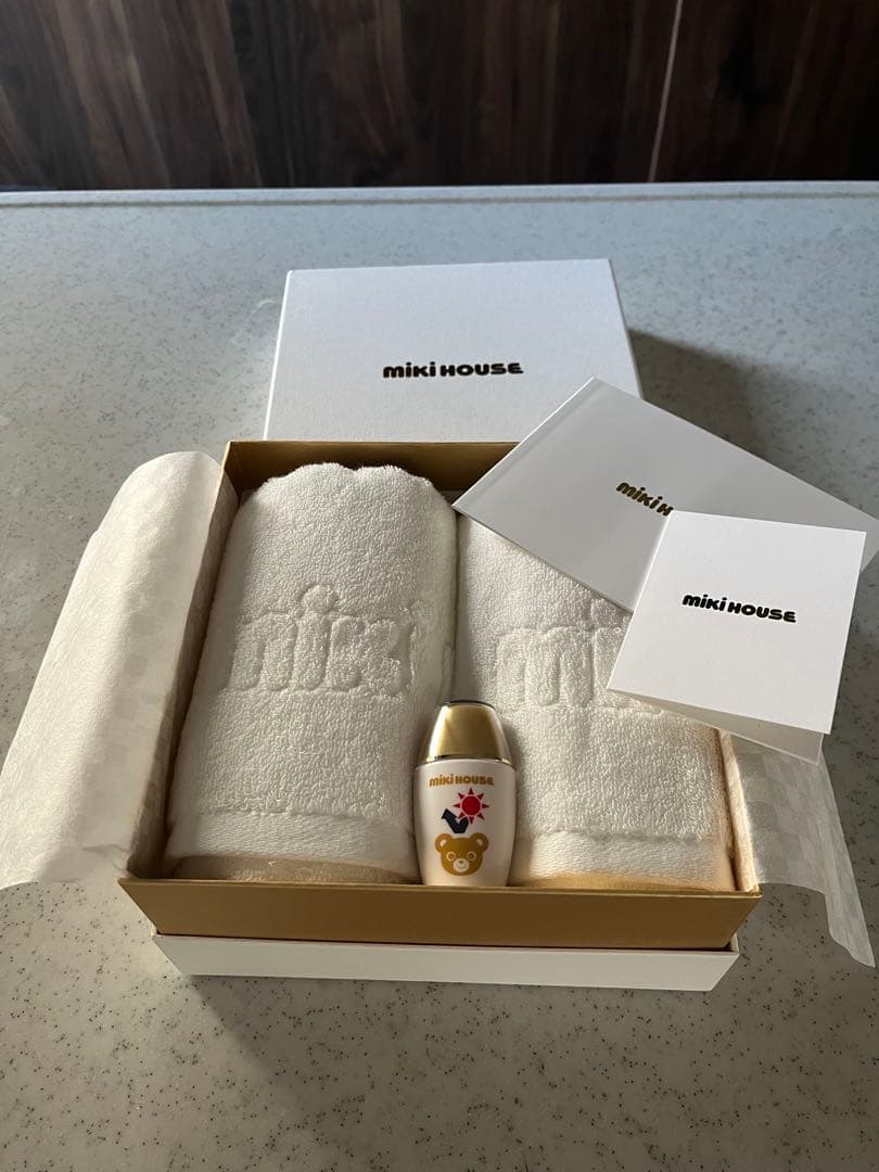 新品ミキハウス シーアイランドコットン フェイスタオル 2枚セット＋uvミルク