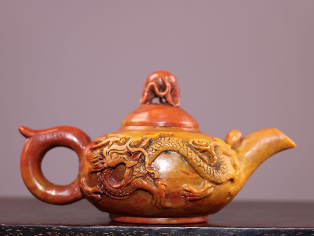 時代物　雙龍 天然　寿山石 急須· 茶壺 極細工彫刻　置物　逸品　インテリア