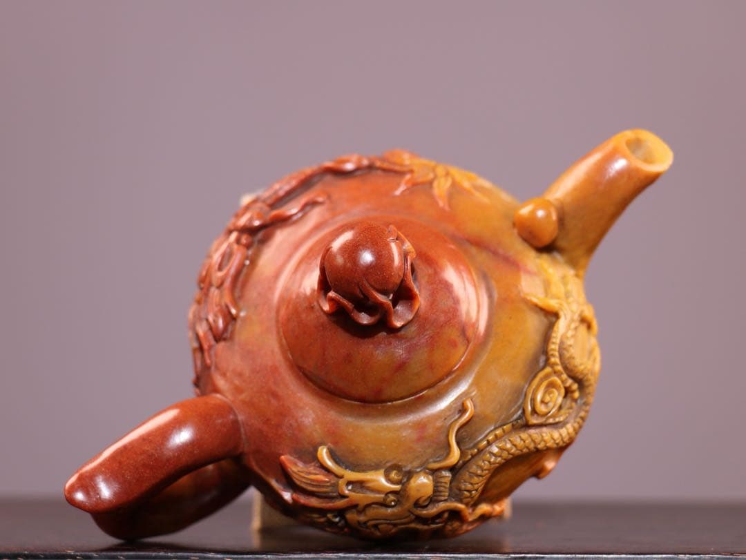 時代物　雙龍 天然　寿山石 急須· 茶壺 極細工彫刻　置物　逸品　インテリア