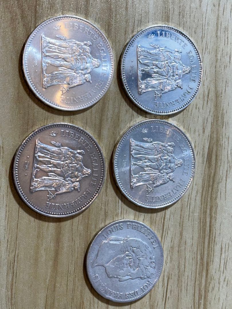 フランス 50フラン銀貨 4枚+5フラン銀貨 1枚