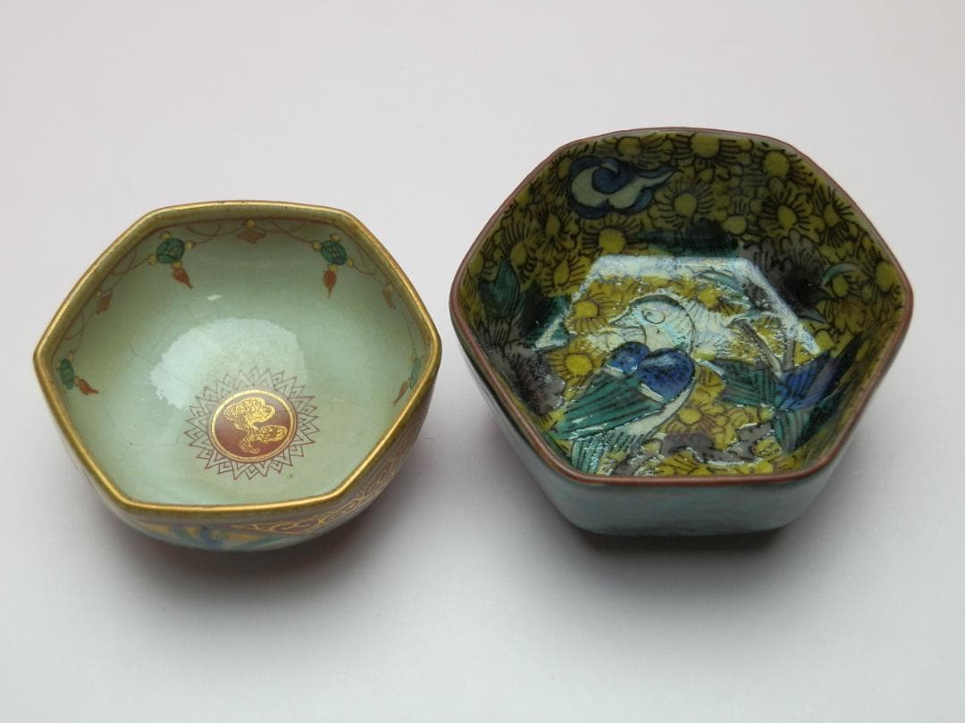 六角盃 九谷 庄三 青手 角福 2客セット E71224