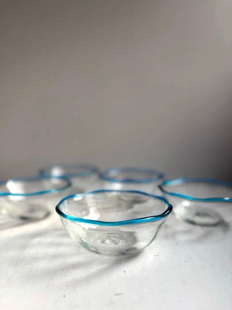 824 民芸 工芸 倉敷ガラス 色口巻き輪花小鉢 5枚組 ブルー 美品