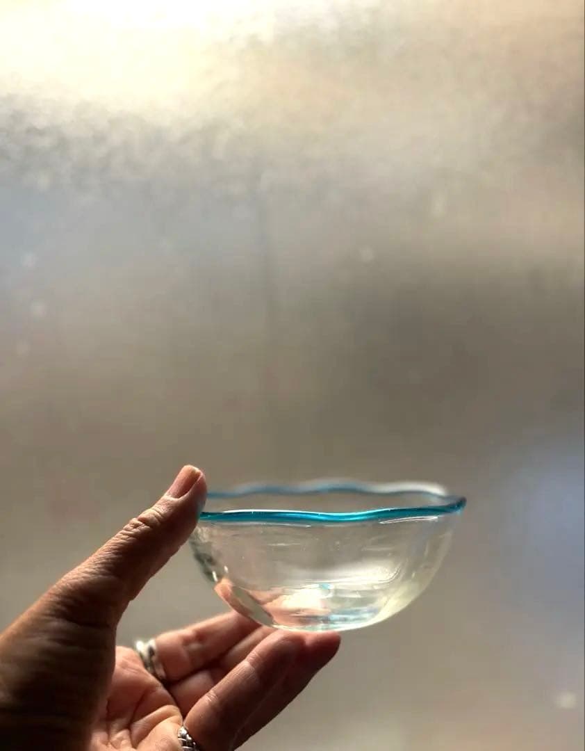 824 民芸 工芸 倉敷ガラス 色口巻き輪花小鉢 5枚組 ブルー 美品