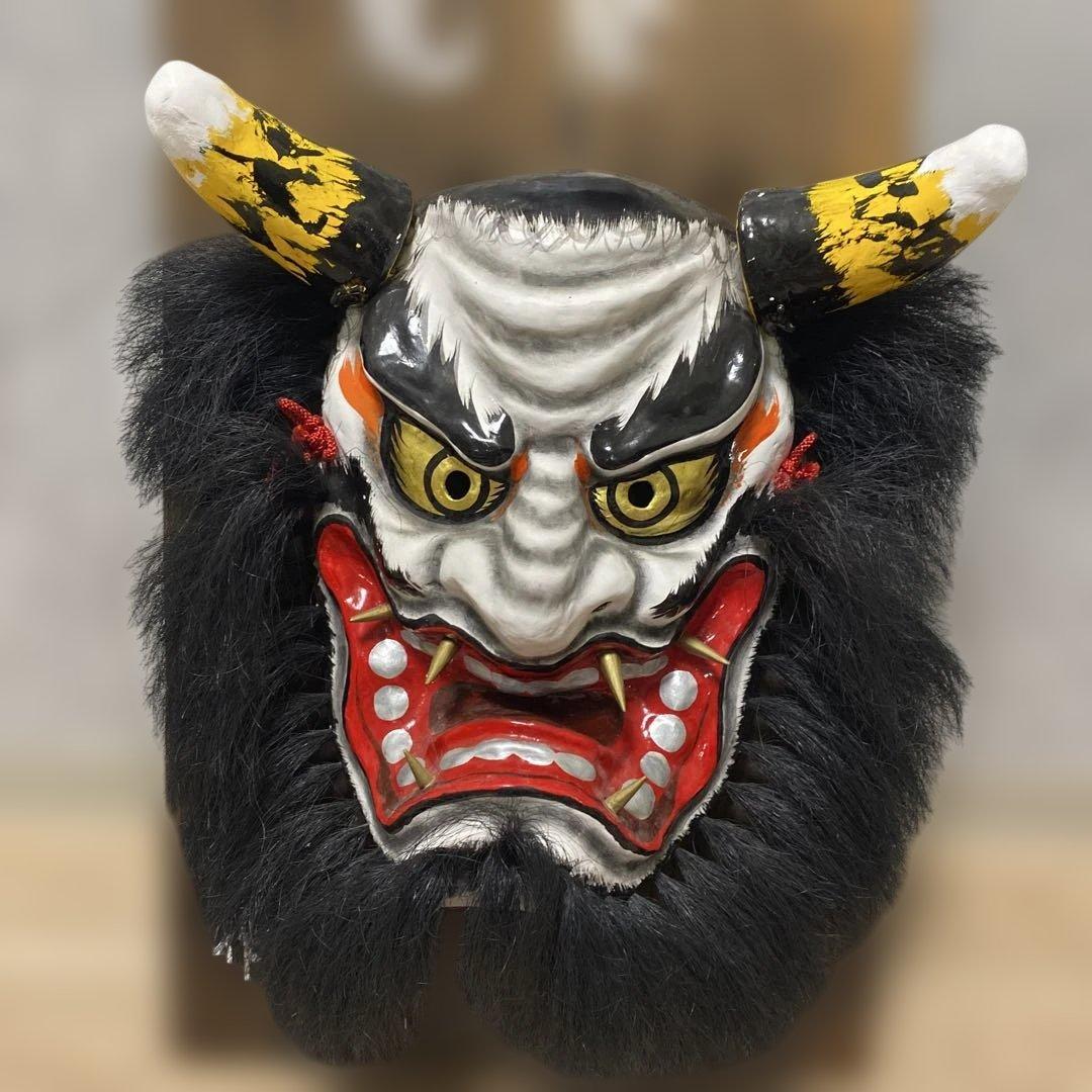 神楽面 鬼の顔 黒い毛と黄色の角　期間限定値下げ