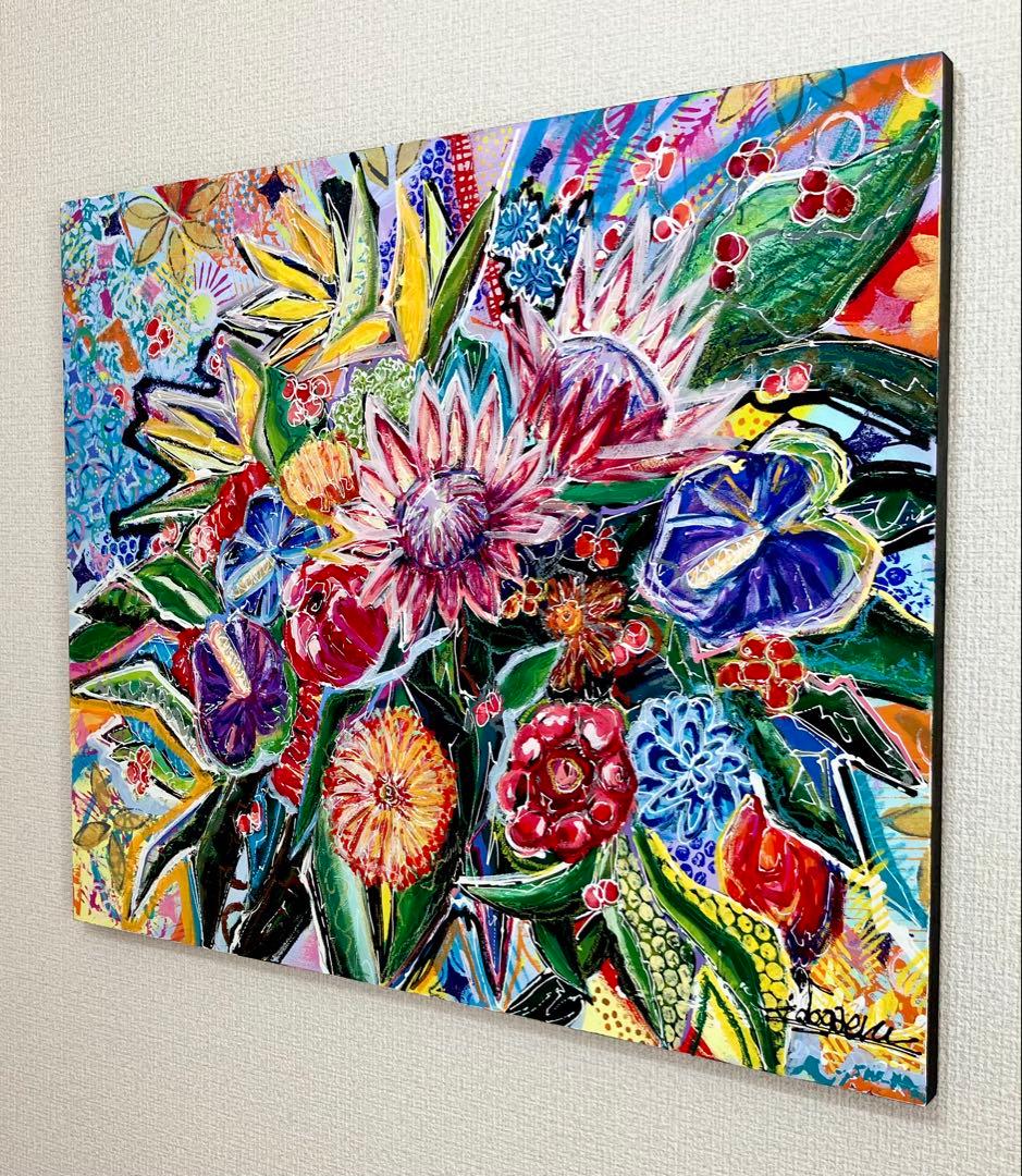 原画　花　額付き　花の絵　静物画　絵画　アクリル画　現代アート　手描き　一点物