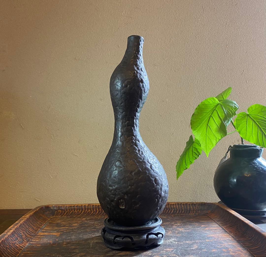 美品　二上元威作　青銅製花器　唐木鑑賞台付　２点セット　アンティーク　レア