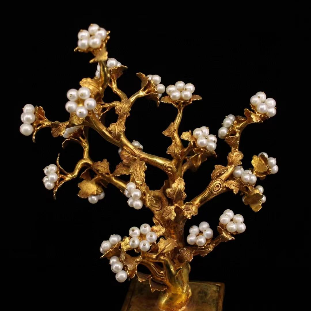 中国古美術・旧藏純銅製鎏金招財運樹の花瓶・真珠を象嵌・置物・風水開運 ・純手作り