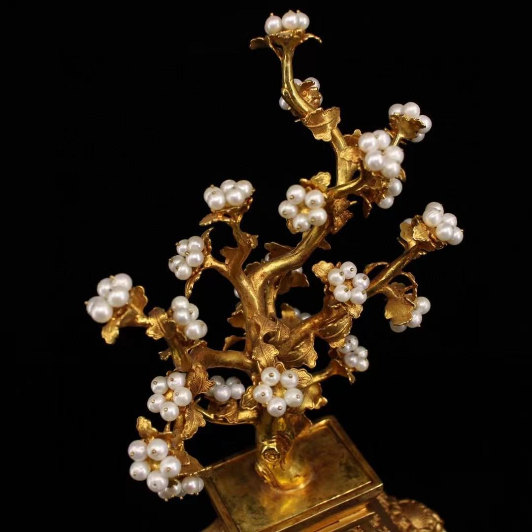 中国古美術・旧藏純銅製鎏金招財運樹の花瓶・真珠を象嵌・置物・風水開運 ・純手作り