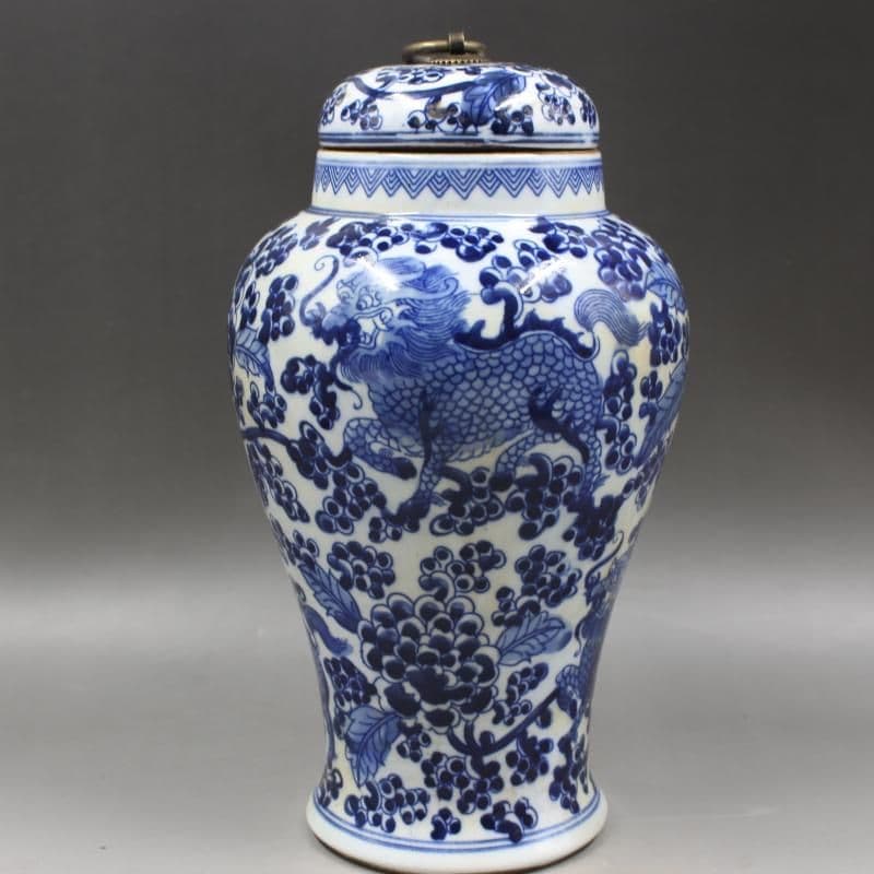 清同治青花穿花麒麟紋茶蓋缶 景徳鎮 陶磁器 装飾品 現代工芸品 美術品 置物