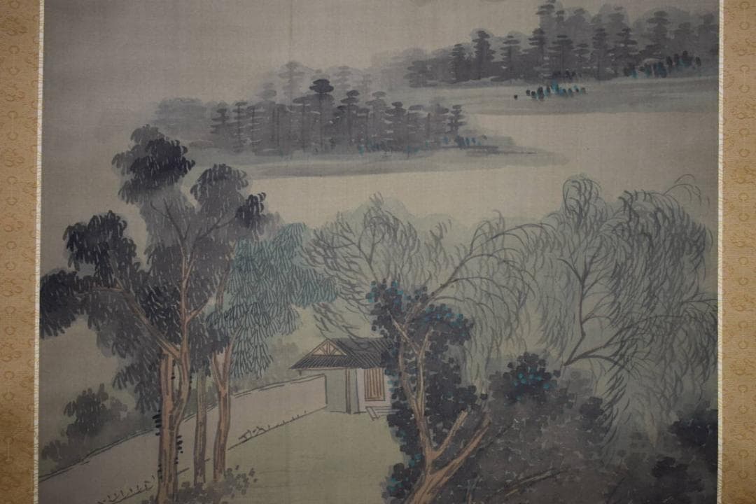 真作/浅井柳塘/長白山/柳陰静釣/瑞泉の桐極箱付/布袋屋掛軸HF-633