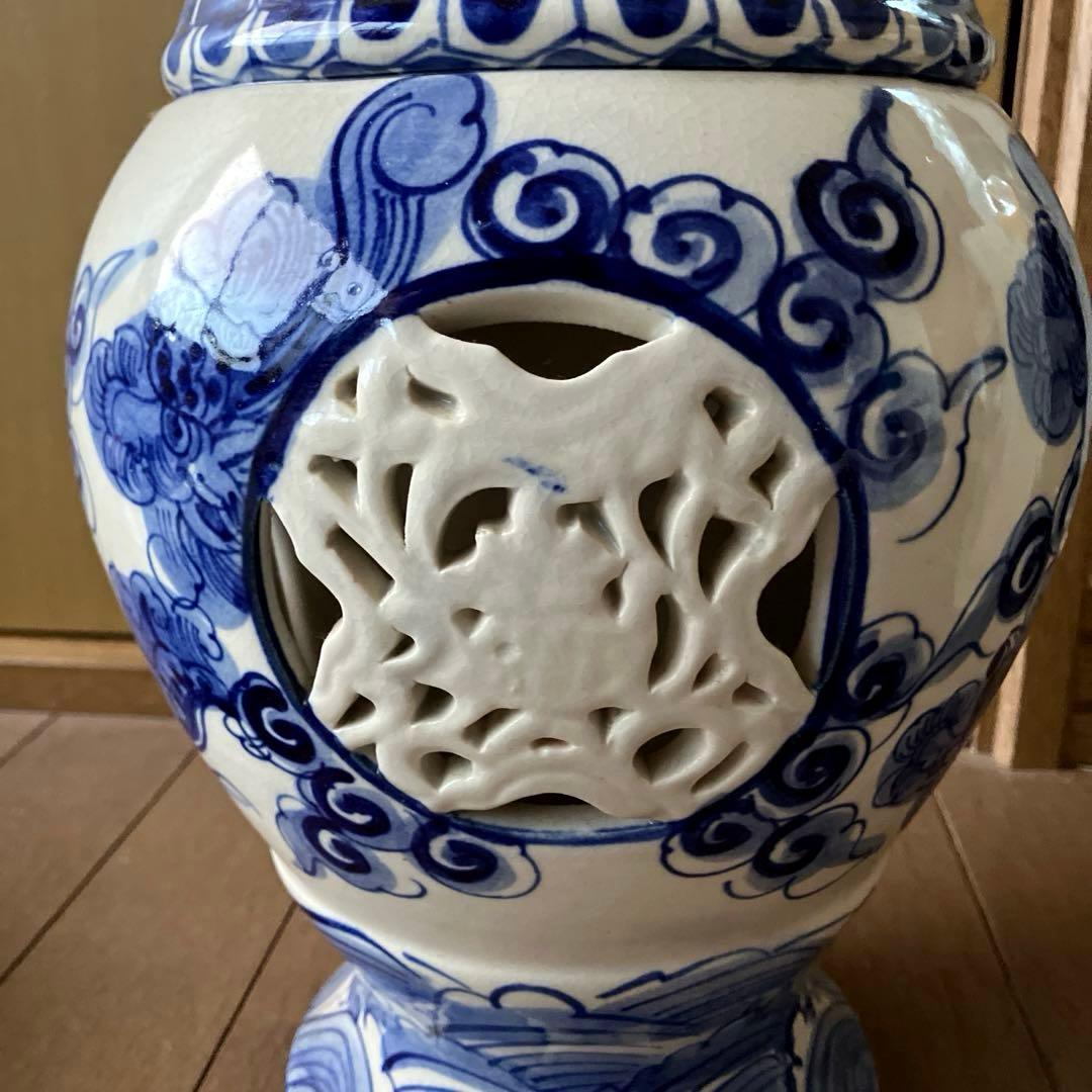 中国　古美術　染付大花瓶　唐物　双耳　透かし彫り　骨董